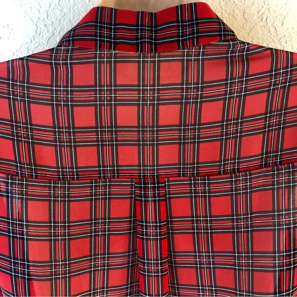 Express Red Black Tartan Plaid Portofino Button Front Blouse Notched V Neck - Picture 4 of 16